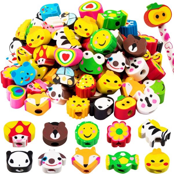 Ospvcwk 50 Pack Pencil Top Erasers for Kids Bulk, Assorted Cute Fruit Animal Pencil Erasers Toppers, Latex Free Cap Erasers, Kids Back to School Supplies