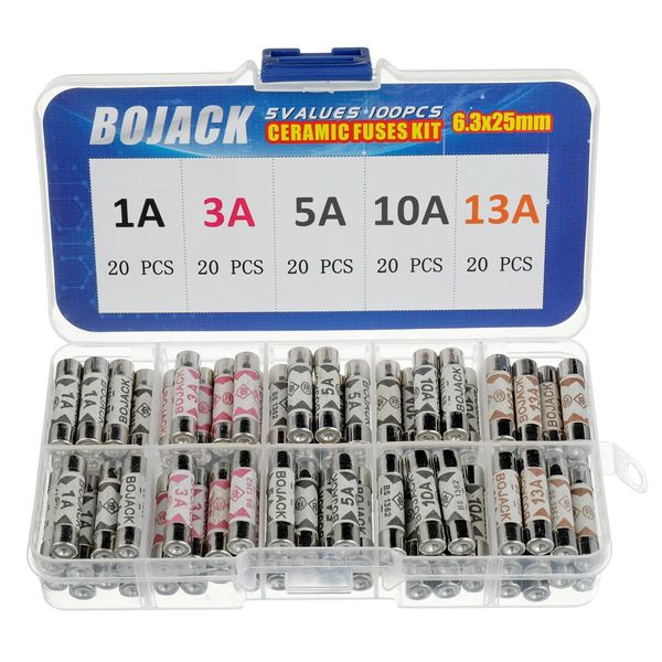 BOJACK 5 Values 100 pcs 1 3 5 10 13 A amp 240 V Volt Household Mains Plug Fuse 6.3x25 mm 0.25x1Inch BS1362 Ceramic Tube Cartridge Fuses Assortment Kit packag in a Clear Plastic Box