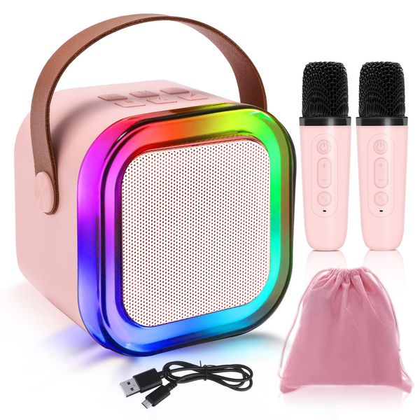 Mini Karaoke Machines for Kids, Girls Portable Karaoke Machine with 2 Microphones Bluetooth Speaker, 3 LED Disco Lights,5 Funny Sound, Gift for Boy Toddler Teen Adult Birthday Holiday Home Party