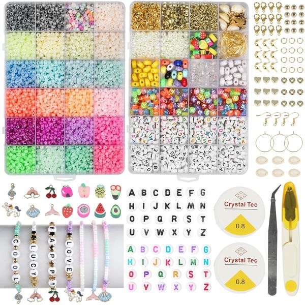 FEMBW Perlen Set Zum AuffäDeln für Armbänder Selber Machen, 6000+ 3mm Beads for Bracelet Making Kit, DIY Schmuck Selber Machen Set Erwachsene, Smiley Charm Glasperlen für Ohrringe Selber Machen Set