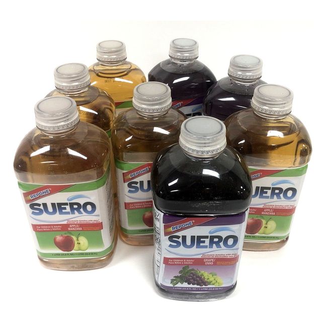 8 Bottles (1 Liter Each) Suero Electrolyte Solution w/Zinc (5) APPLE (3) GRAPE