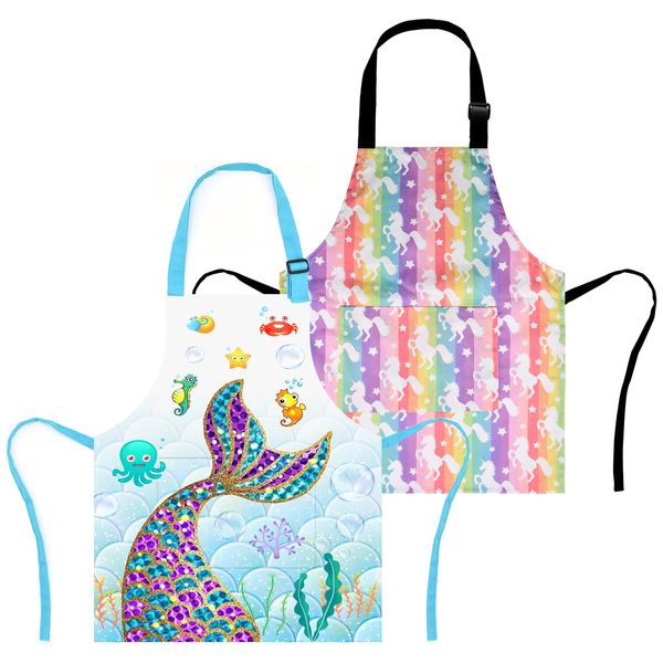 MRYUWB 2 Pack Boys Dinosaur Apron, Girls Rainbow Unicorn Aprons for Cooking, Painting, Kitchen Chef Apron for Kids 3-12 Years (Mermaid & Unicorn, Small (3-5 Years))