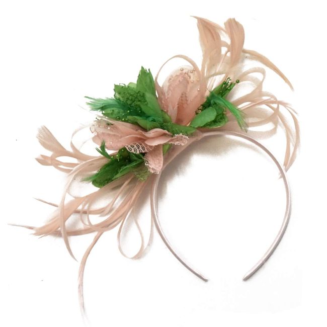 Caprilite Peach Nude Pink and Jade Green Fascinator Headband Flower Wedding Ascot Races Net Hat Feathers