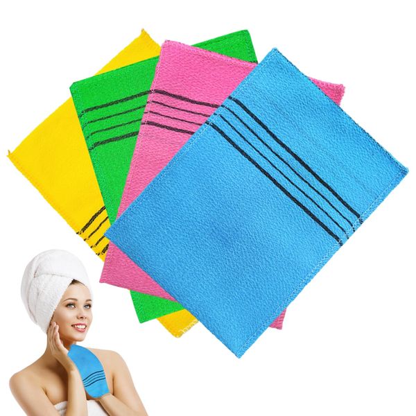 4 Pcs Korean Exfoliating Mitt, Exfoliating Towel, Exfoliating Mitt, Italy Towel for Removing Dead Skin Callus Scrubbing Shower Spa Scrub Mitt Bath Accessories (Green, Yellow, Blue, Rose Red)