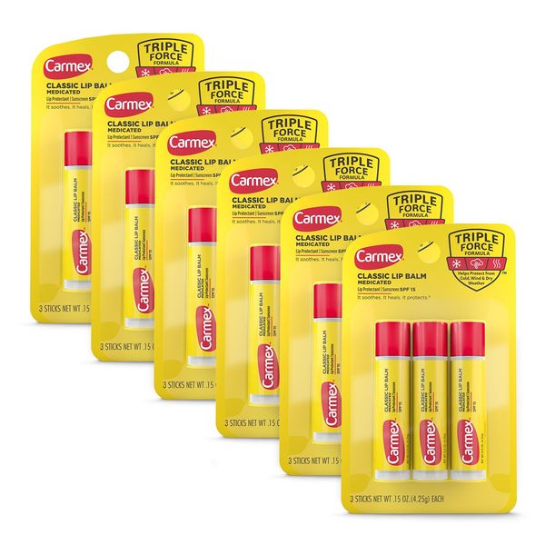 Carmex Classic Medicated Lip Balm Sticks, Lip Moisturizer for Chapped Lips, 18 Count (6 Packs of 3)