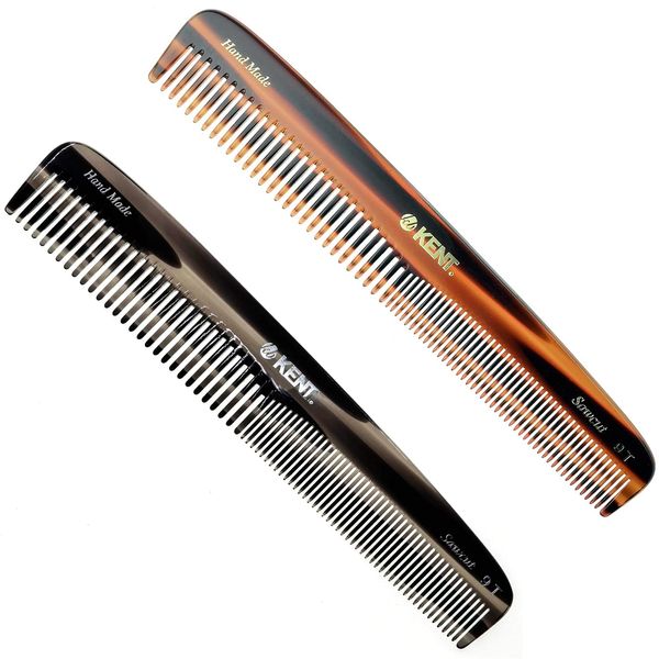 Kent 9T Double Tooth Hair Dressing Table Comb, Tortoise Fine and Wide Tooth Dresser Comb For Hair, Beard and Mustache, Coarse/Fine Hair Styling Grooming Comb for Men Women and Kids. Made in England