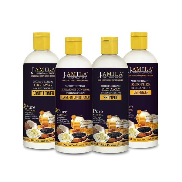 J. Amila Pure Natural Dry Away Hair Care Set – 4-Pack Shampoo, Conditioner, Leave-In & Detangler for Strengthening Dry, Damaged Hair