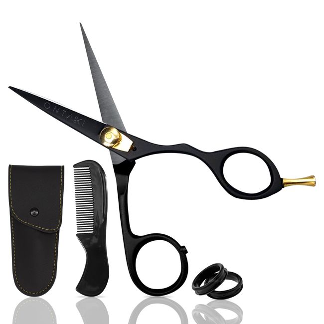 ONTAKI 5.5” Japanese Steel Beard Scissors & Mustache Scissors - Ergonomic Design Beard Scissors for Men with 1 Comb & Carrying Pouch - Hand Forged Facial Hair Scissors (Ergonomic Black (Right Hand))