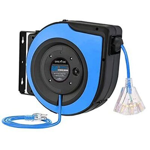 Retractable Extension Cord Reel, 65 Feet 12 AWG/3C SJTOW Heavy Duty Blue&black