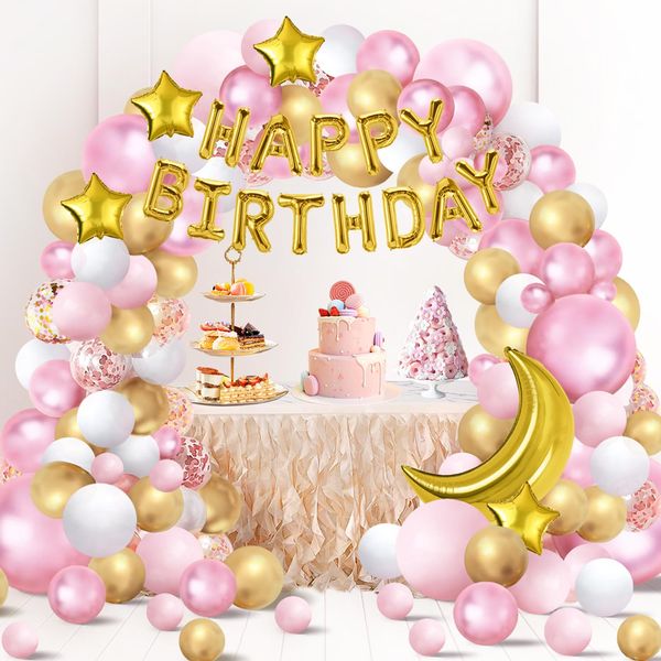 BEBOAN Luftballons Geburtstag Deko, 125pcs Pink und Weiß Ballon Girlande Set mit Gold Konfetti Ballon Happy Birthday Banner, Geburtstag Dekoration für Jungen Mädchen Baby Kinder Dusche Jubiläum