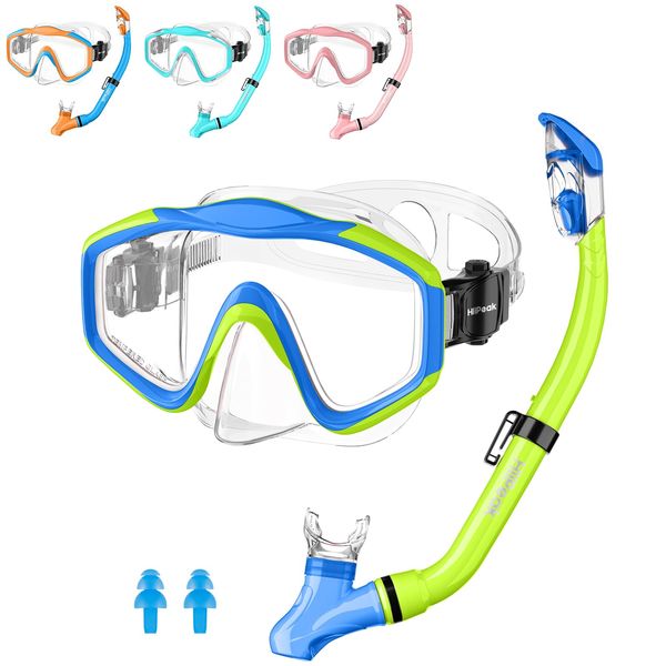 HiiPeak Kids Snorkel Set, Dry Top Snorkel Mask Snorkelling Package, Snorkelling Diving Mask with Breathing Tube Panoramic View Tempered Glass Anti-Fog, Children Swimming Goggles,Snorkeling Gear