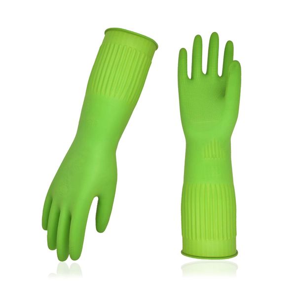 Vgo RB2143 Kitchen Gloves, Waterproof Gloves, Long Sleeve, Cleaning Gloves, Rubber Gloves, Car Washing, Washing, Gardening, Pet Care, Painting, Multi-Purpose (Size M, Green, RB2143)