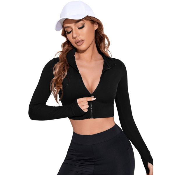 SweatyRocks Women's Long Sleeve Stand Collar Zip Up Crop Top Stretchy Sports Jacket Activewear Black S