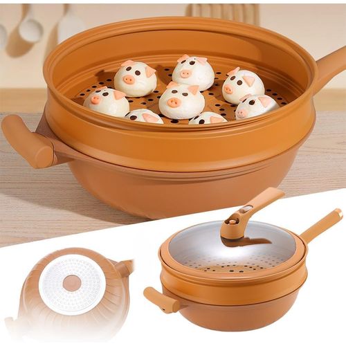 Multifunctional Pottery Clay Non-stick Micro Pressure Pot 2-in-1 Micropressure & Induction Bottom W/Steamer Basket & Lid Stir Fry Pan for Cooking Frying