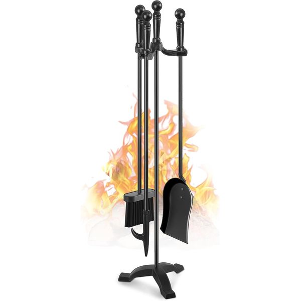 Fireplace Tools Set 4 Pcs 30 Inch Black Wrought Iron Large Fire Tool Set for Out