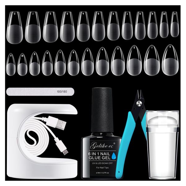 Gelike ec Gel Nail Extension Kit - French Tip Nail Stamp, 6 in 1 Gel Nail Glue, 240PCS Soft Almond & Coffin Full Cover Gel X Nail Tips, Nail UV Lamp