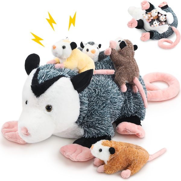 Hollowfly 5 Pcs Stuffed Opossum 1 Mommy Opossum Plush with 4 Cute Baby Opossums Stuffed Toy on Her Back, Magnetic Attraction Soft Stuffed Cotton Plush Animal Toy Gift for Boys Girls Opossum Lover