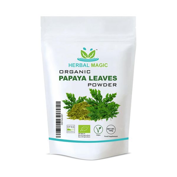 Herbal Magic's Organic Papaya Leaf Powder (Carica Papaya)-Green & Whole Leaves - Most Prized Herb in Ayurveda - Ideal for Smoothies, Baking, soups - Free from Fillers & Preservatives-100gms