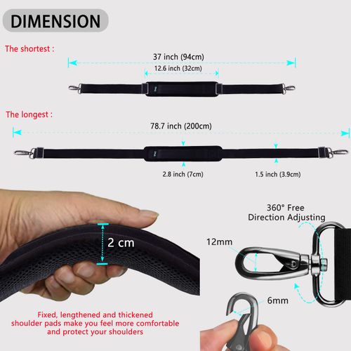 [ZINZ] 78.7 inches (200 cm) Shoulder Belt, Extra Thick Fixed Cushion Pad, Shoulder Strap, Replacement, Shoulder Strap/PC Bag, Camera Case, Business Bag, Sports Bag, Shoulder Bag, Etc., Black