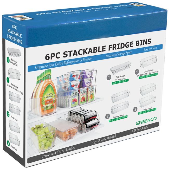 Greenco Fridge Bins, Set of 8 | Stackable Clear Refrigerator Organizer Bins  w/ Durable Handles | Pantry Storage Bins | Kitchen and Refrigerator