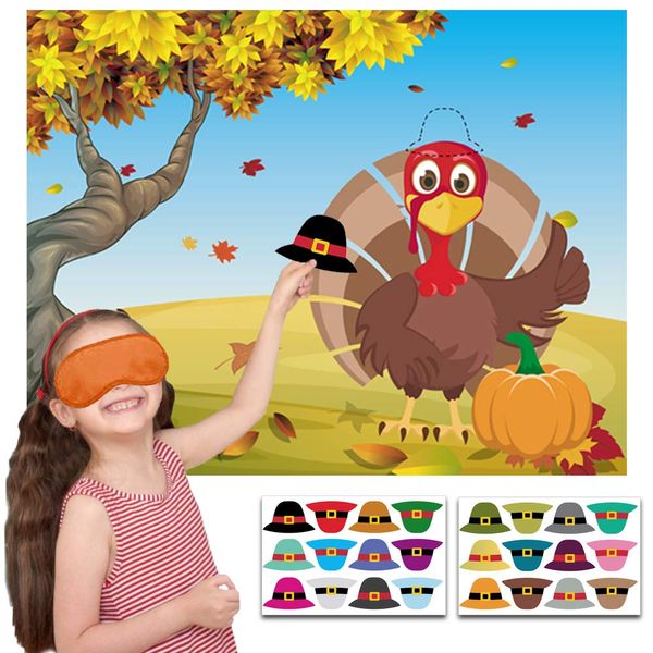 Happy Fall Festival Party Games - Pin The Hat on The Turkey with Reusable Stickers for Kids Birthday Parties