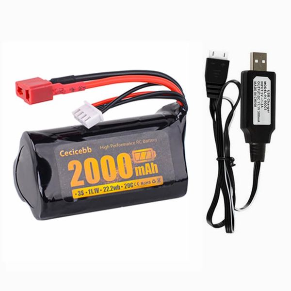 Cecicebb 11.1V 2000mAh Li-ion Battery for R608 Brushless RC Boat 210E 200E RC Boat 2104 Brushless RC Truck with USB Charging Cable