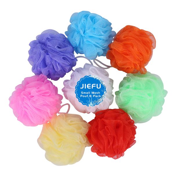 Bath Sponges, Small Size Colorful Shower Sponges Exfoliating Mesh Pouf Bath Ball Body Scrubber for Kids Pack of 8