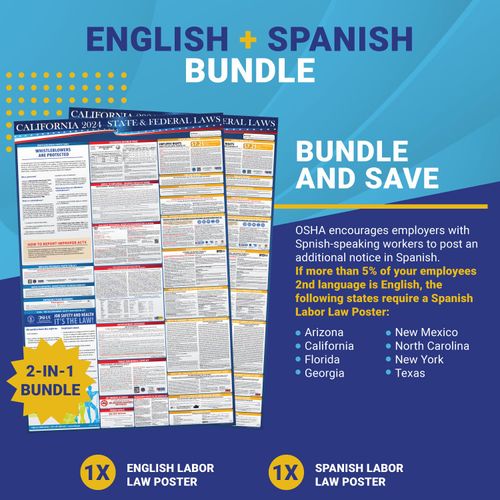 2024 California State and Federal Labor Laws Poster - Combo Spanish English - OSHA Workplace Compliant FLSA FMLA and EEOC Updates - All in One Required Compliance Posting 24" x 36" - Laminated (Combo)