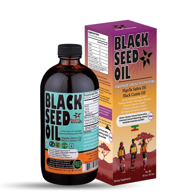 Ethiopian Black Seed Oil - 3.43% Thymoquinone Cold-Pressed Black Cumin Seed Oil from Pure Nigella Sativa - First Pressing Blackseed Oil Non-GMO Improved - 16 Oz Glass Bottle Sweet Sunnah