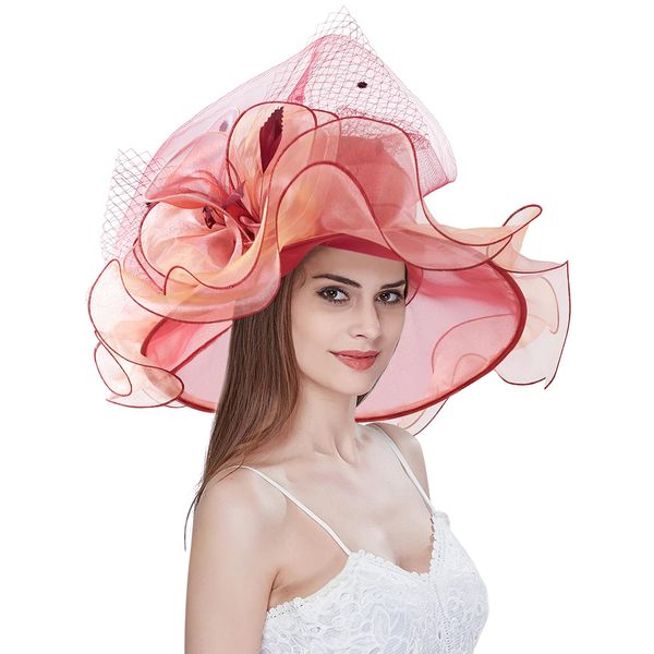 Z&X Women's Organza Church Fascinator Hair Clip Bridal Wedding Tea Party Hat Wide Brim Anti-UV Sun Hat Coral Red