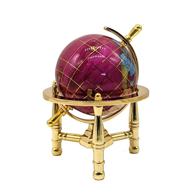 Unique Art 6-Inch Tall Pink Rubilite Pearl Swirl Ocean Mini Table Top Gemstone World Globe with Gold Tripod