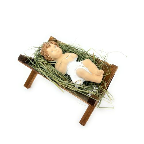 Polish Gallery 3.5" Tall Baby Jesus Christ Figure in Wooden Manger Laying on Natural Hay | Figurine Doll for Nativity Sets | Holy Gift