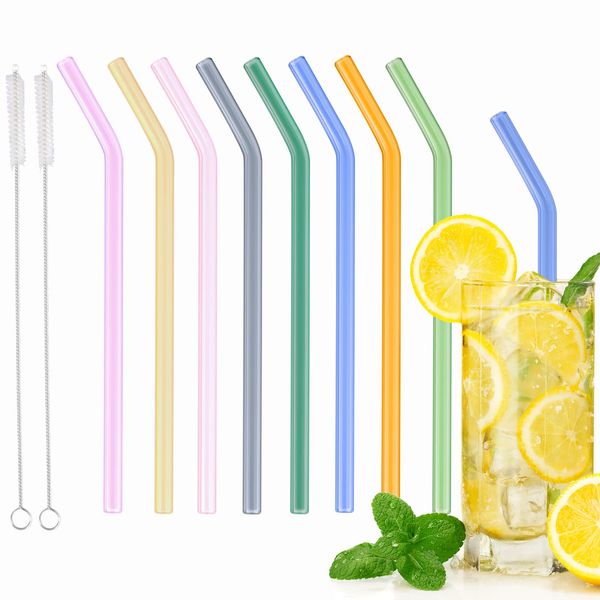 PEAKTOP Glass Straws, 8 Pcs Clear Reusable Straw, Wide Smoothie Straws with 2 Cleaning Brush, Eco Friendly Curved Drinking Straws, Bent Straws for Smoothies Milk Shake Water Juice