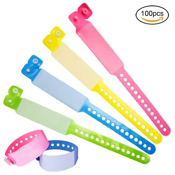 SwirlColor ID Wristbands Adults, 100 Pack Disposable VIP Event Wristbands PVC Teens Safety ID Bracelet (Adults, Pink+Blue+Green+Yellow)