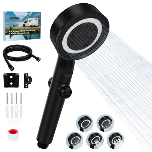 RV Shower Head with Hose, 5+1 Mode High Pressure Replacement with On/Off Switch, Water Saving Motorhome Shower Head for RV/Campervan, Caravan(Black)