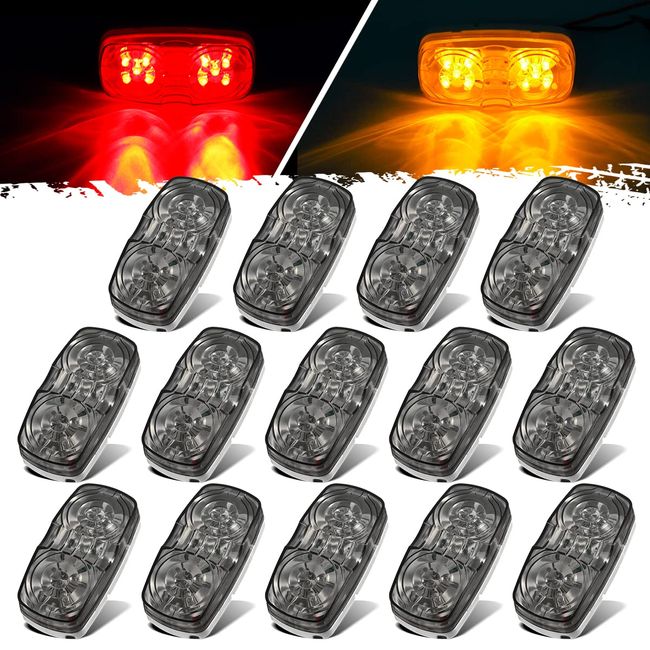 Partsam 14x Red/Amber Double Bullseye led Light Side Marker Clearance Light Smoke Lens, Tiger EyeLED Marker Lights, 4" Rectangular Rectangle LED Light for Truck Trailer RV Camper