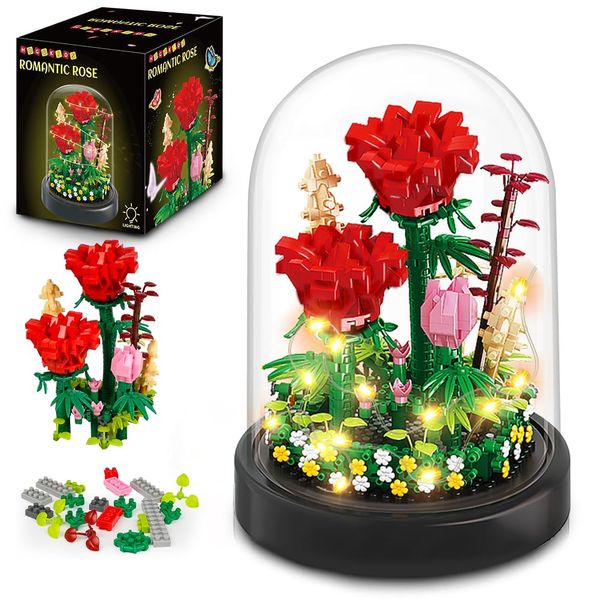 HOGOKIDS Flower Bouquet Building Kit with LED Lighting - 596 PCS Rose Sets with Cover Botanical Building Blocks | Birthday Mini Bricks Valentines Day Gift for Adult Girlfriend Wife (Red Roses)