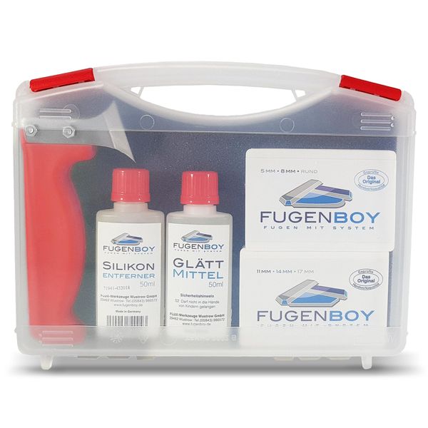 Fugenboy® Profi-Koffer | Silikonfugen-Werkzeug im Komplett-Set | Deutsche Herstellung | Fugen-Set mit Silikon-Entferner, 6x patentierte Fugenglätter, Fugenmesser & Silikon-Glättmittel