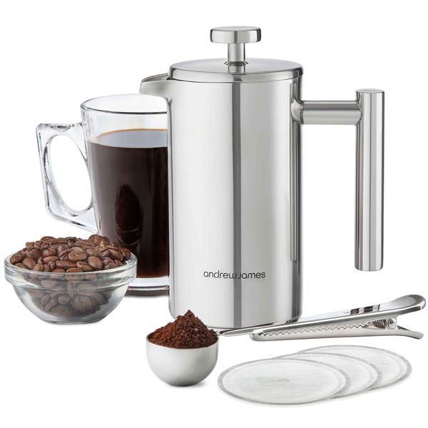 andrew james Double Walled Stainless Steel Cafetiere Gift Set With Coffee Measuring Spoon And Bag Sealing Clip | Delicious French Press Coffee | Easy to Clean (350ml, Stainless Steel)