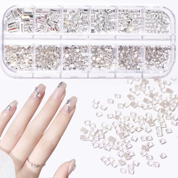 Rhinestone Nail Round Square Clear Nail Stone Square Round Nail Parts Deco 3D Glass Stone Nail Art Large Capacity (Round & Square Rhinestones)