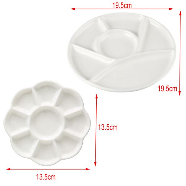 XUBX 2 Pieces Ceramic Painting Palette, 9 Well Petal Shape Paint Tray & 6 Well Round Paint Tray, Paint Palette, White Ceramic Artist Paint Palette, Mixing Painting Palette for Adult, Kids, Art Student