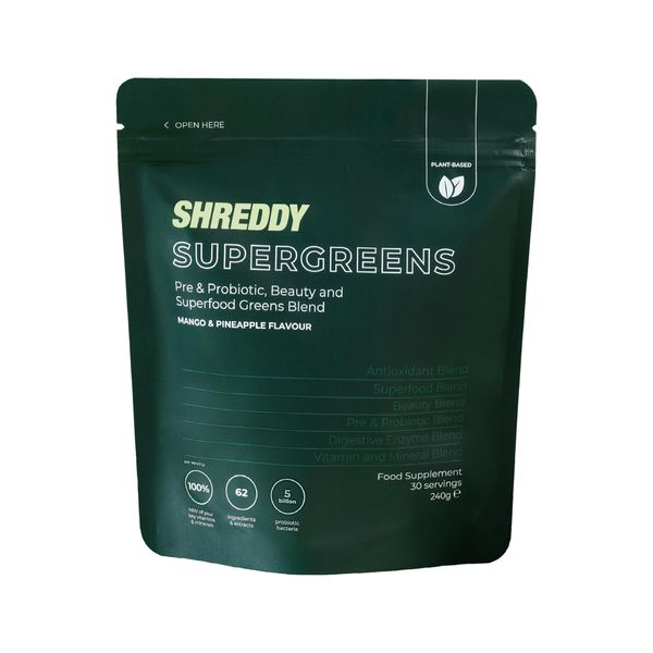 SHREDDY | Probiotic, Beauty, Superfood Greens Blend | 5 Billion Probiotics, 100% NRV Vitamins | 62 Nutrient-Rich Ingredients | Vegan-Friendly | Mango & Pineapple Flavour