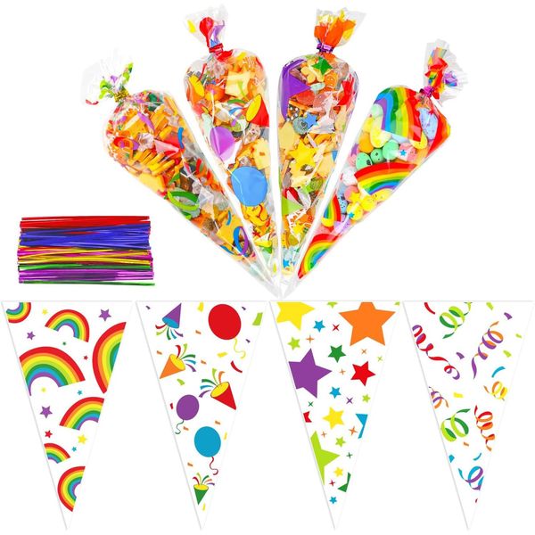 VEYLIN 120 Stück Süßigkeiten Tüten 30x17CM Candy Bar Tüten Spitztüten Transparent Cellophantüten mit 150 Twist Ties Geschenktüten für Schokolade Party Bonbons Kekse Ostern Hochzeit
