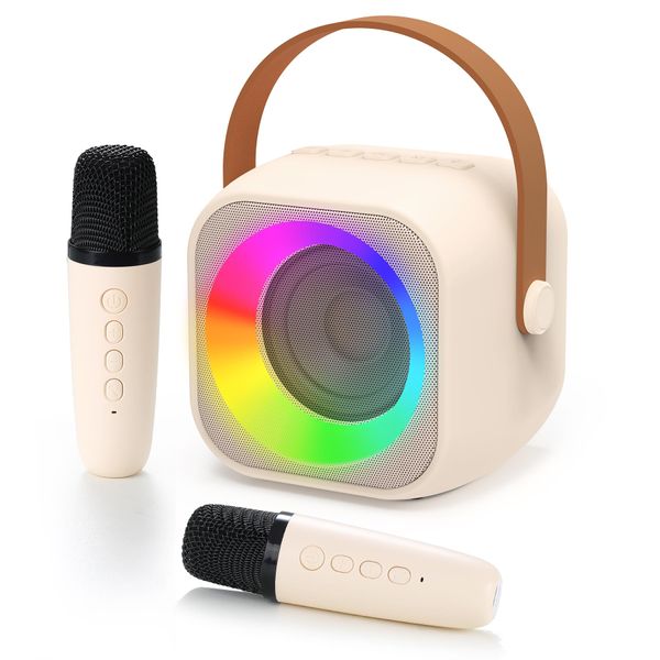 Jeefu Karaoke Machine for Kids, Toys for 3-12 Years Old Girls Gifts, Kids Karaoke Microphone Machine Toy, Best Fun Christmas Birthday Gifts for 5 6 7 8 9 10 11 Years Teens Girl Boys Beige 2 Mic