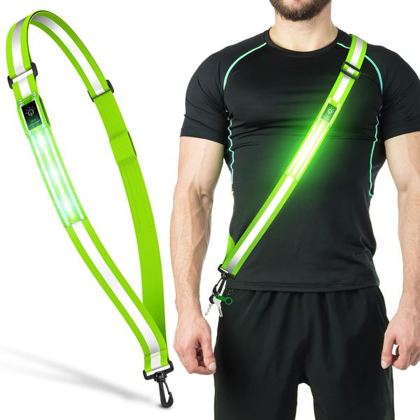 Ylzzrs LED Reflective Belt Sash Walking Gear,Safety Lights for Walkers at Night,High Visibility Safety Rechargeable Reflective Running Gear for Men Women Kids Night Dog Walking Gear (Green)