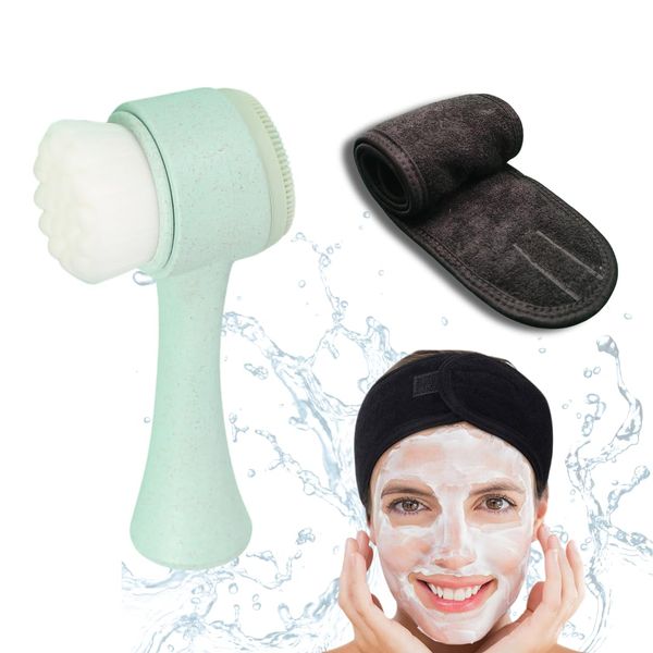 2 Pcs Pack Dual Use Facial Cleansing Brush and Headband Soft Manual Cleanser and Exfoliating Unisex Skin Care Skin Care