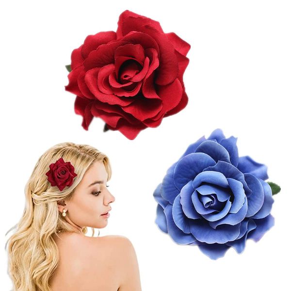 Kemxing 2pcs Rose Flower Women Hair Clip Big Flower Brooch Bridal Headpiece Flamenco Dancer Hairpin Bohemia Style Girls Headdress Hair Accessories for Wedding Beach(Red+Blue)