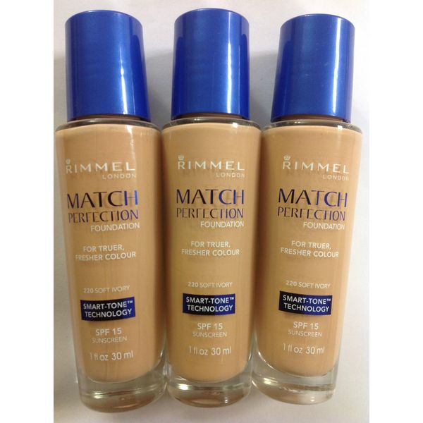 3 X Rimmel London, Match Perfection Foundation, Smart-Tone  #220 Soft Ivory NEW.