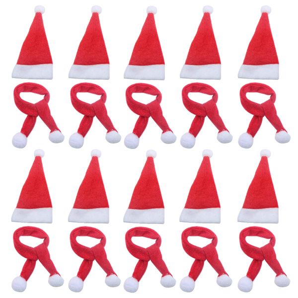LOOGI Mini Santa Hats Santa Scarf 10pcs, Small Santa Hats Christmas Scarf for Wine Bottles Crafts Ornaments Decor