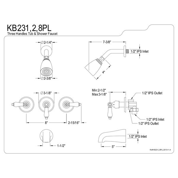 Kingston Brass KB231PL Tub and Shower Faucet with 3-Porcelain Lever Handle, Polished Chrome,5-Inch Spout Reach